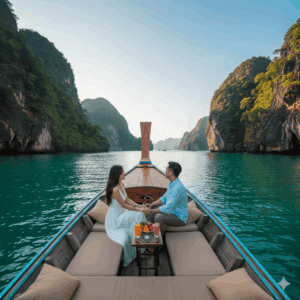 คู่รักชายหญิงกำลังนั่งชมทิวทัศน์อันงดงามของเกาะหินปูนจากเรือหางยาวส่วนตัวในอ่าวพังงา แสดงถึงการเลือกเรือที่เหมาะสมสำหรับแต่ละจุดหมายปลายทาง