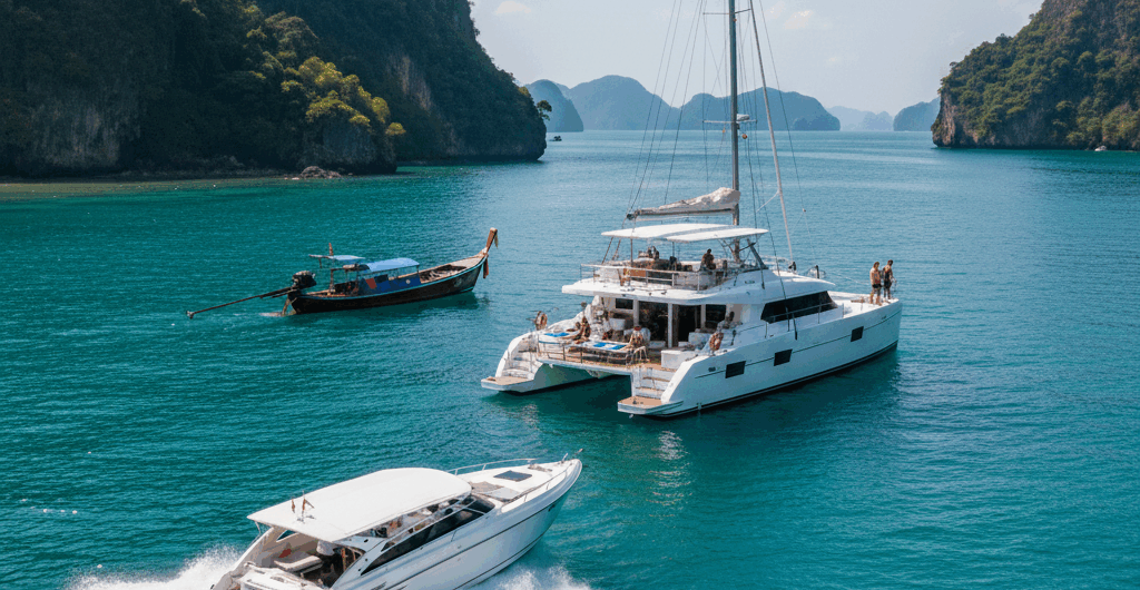 ภาพเปรียบเทียบเรือทัวร์ภูเก็ต ทั้งสปีดโบ๊ท เรือคาตามารัน และเรือหางยาว ที่จอดในอ่าว
