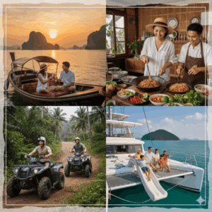 ภาพคอลลาจแสดงสี่สไตล์การท่องเที่ยวภูเก็ต: คู่รักในเรือหางยาวชมพระอาทิตย์ตก, ผู้คนเรียนทำอาหารไทย, นักท่องเที่ยวขับ ATV ในป่า, และครอบครัวบนเรือคาตามารันสุดหรู