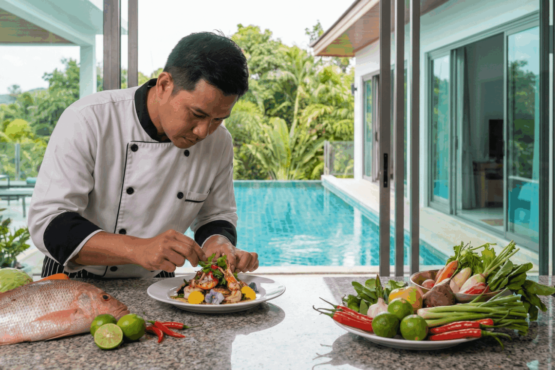 เชฟมืออาชีพกำลังจัดจานอาหารทะเลอย่างประณีตในครัวของวิลล่าหรูส่วนตัวที่มีสระว่ายน้ำในภูเก็ต แสดงถึงบริการเชฟส่วนตัวที่ใช้วัตถุดิบสดใหม่
