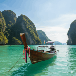 เรือหางยาวไทยจอดลอยลำบนน้ำทะเลสีฟ้าคราม แสดงตัวเลือกทัวร์ภูเก็ตที่พบบ่อย